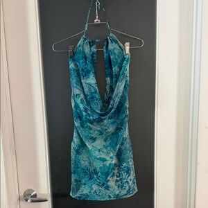 Peppermayo Teal & Aqua Floral Halter Backless Mini Dress
